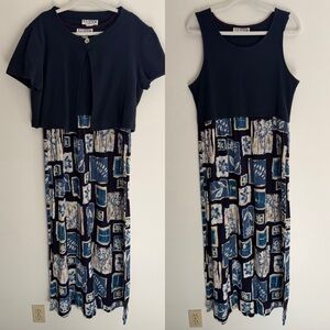 Vintage 90s Blue Print Maxi Dress & Cardigan Matching Set, Women's 14